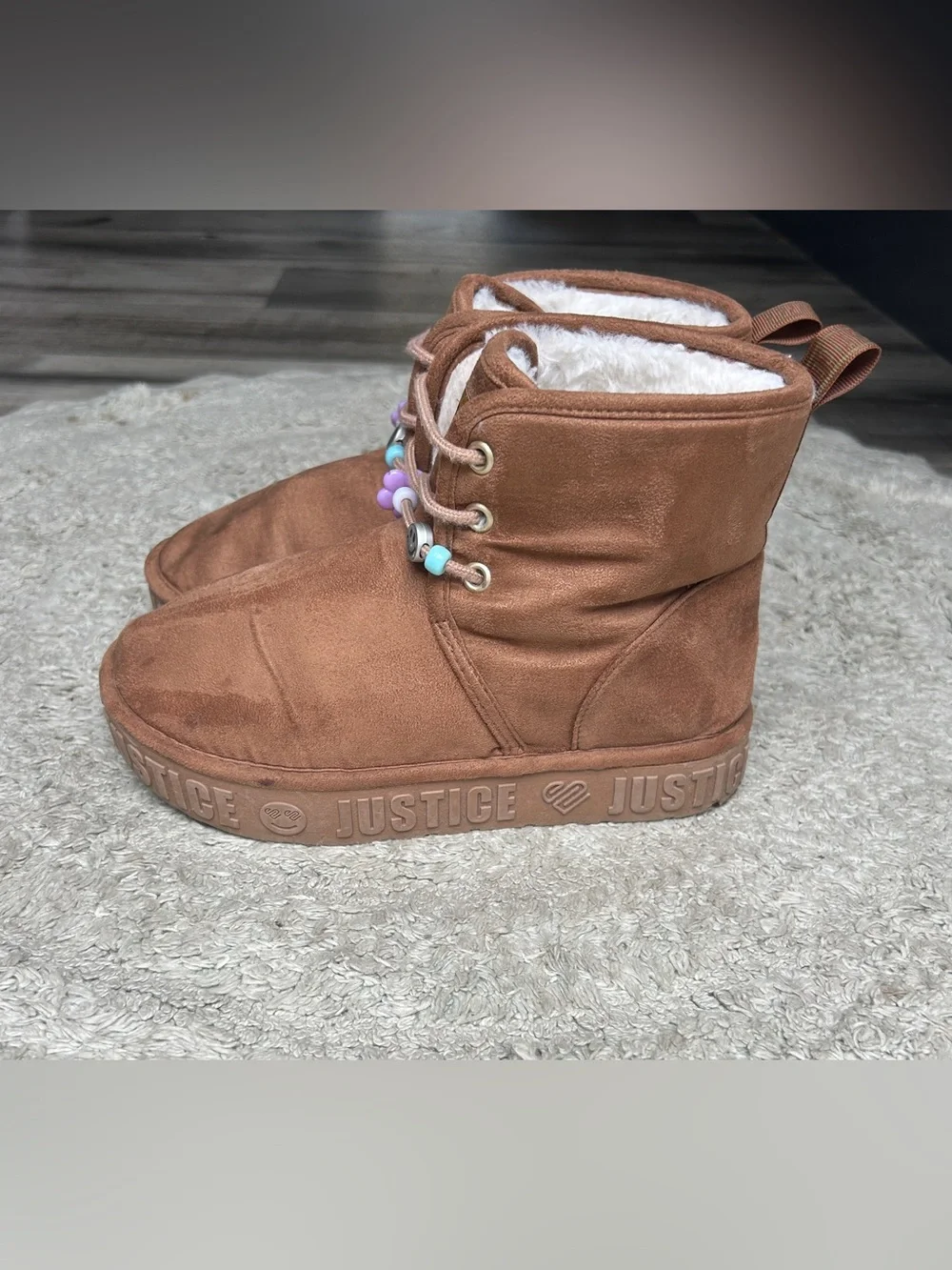 Justice girls' platform faux shearling beaded boots in brown, girls size 2